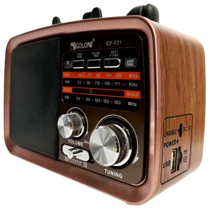 Radio Vintage PRL FM akumulatorowe z Bluetooth USB ICF-F21 środek lico brąz