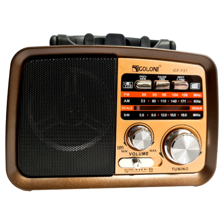 Radio Vintage PRL FM akumulatorowe z Bluetooth USB ICF-F21 złote lico dół