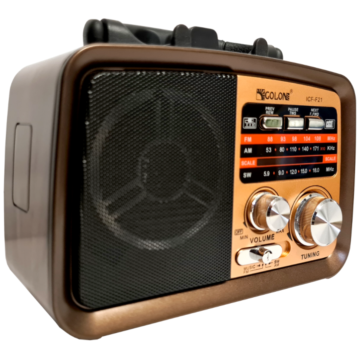 Radio Vintage PRL FM akumulatorowe z Bluetooth USB ICF-F21 złote lico dół