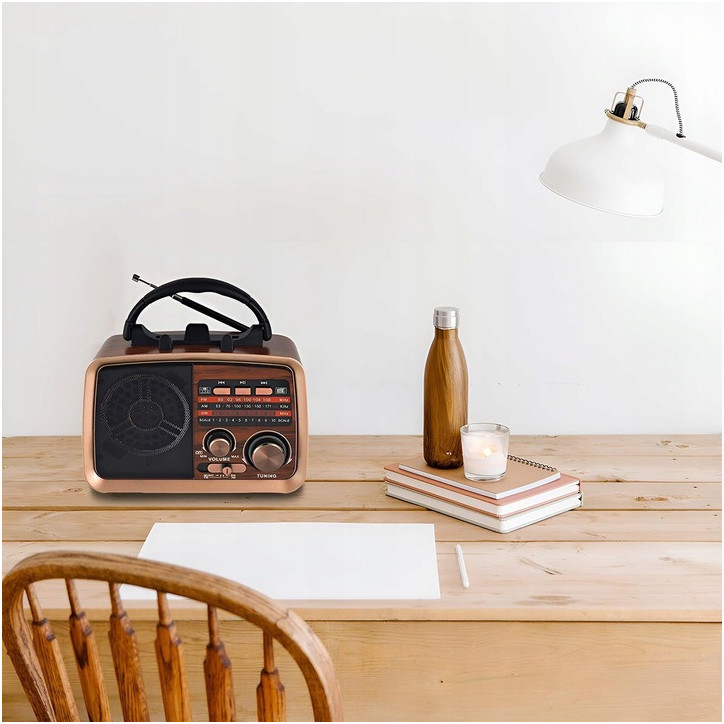 Radio Vintage PRL FM akumulatorowe z Bluetooth USB ICF-F21 złote lico dół