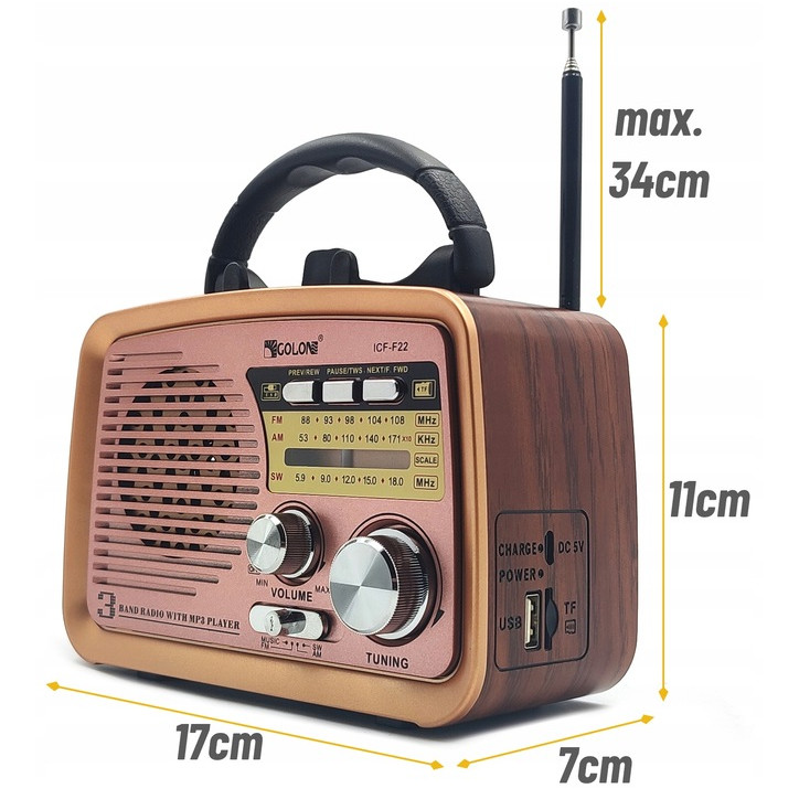 RADIO KUCHENNE FM z rączką PRZENOŚNE sieciowe kol.2 miedziany środkowy