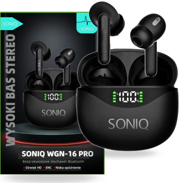 Słuchawki Bezprzewodowe Bluetooth 5.3 SONIQ WGM-16 PRO dwa mikrofony Słuchawki Bezprzewodowe Bluetooth 5.3 SONIQ WGM-16 PRO dwa mikrofony