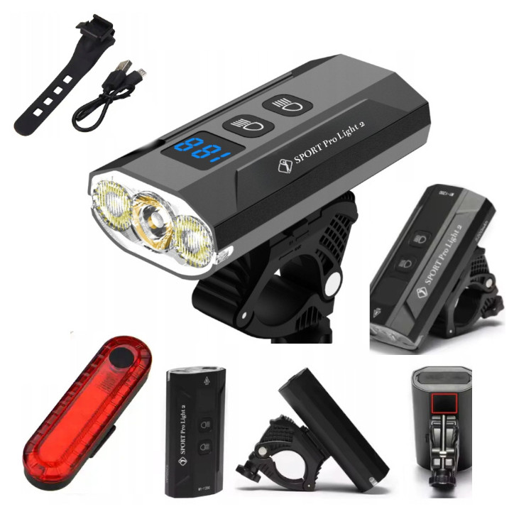 Lampka ROWEROWA Światło LED M1-1200 przód 5200mAh + lampka tył Lampka ROWEROWA Światło LED M1-1200 przód 5200mAh + lampka tył