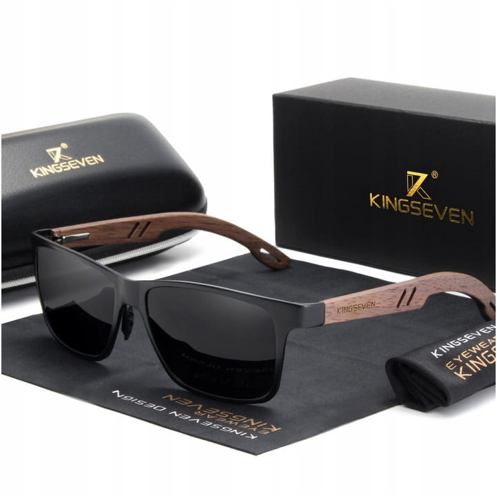 Okulary przeciwsłoneczne Kingseven W5507 czarny / drewno UV400 Okulary przeciwsłoneczne Kingseven W5507 czarny / drewno UV400