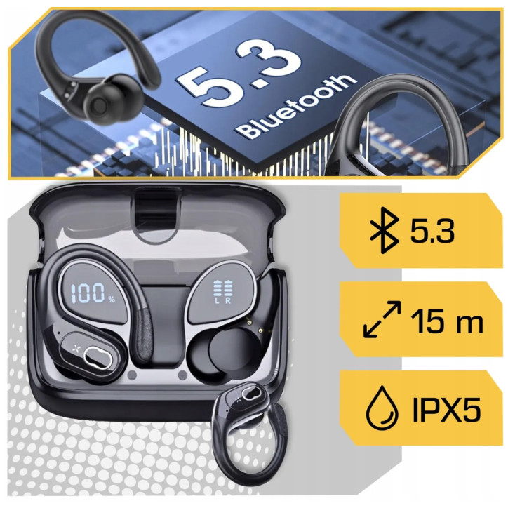 SŁUCHAWKI BEZPRZEWODOWE BLUETOOTH DOKANAŁOWE SPORTOWE ROZMOWY HD65