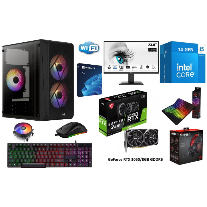 GOTOWY Zestaw GAMINGOWY do gier z monitorem i5-14400 MSI RTX3050/8GB 32GB 1TB SSD Windows 11 Pro WIFI RGB!